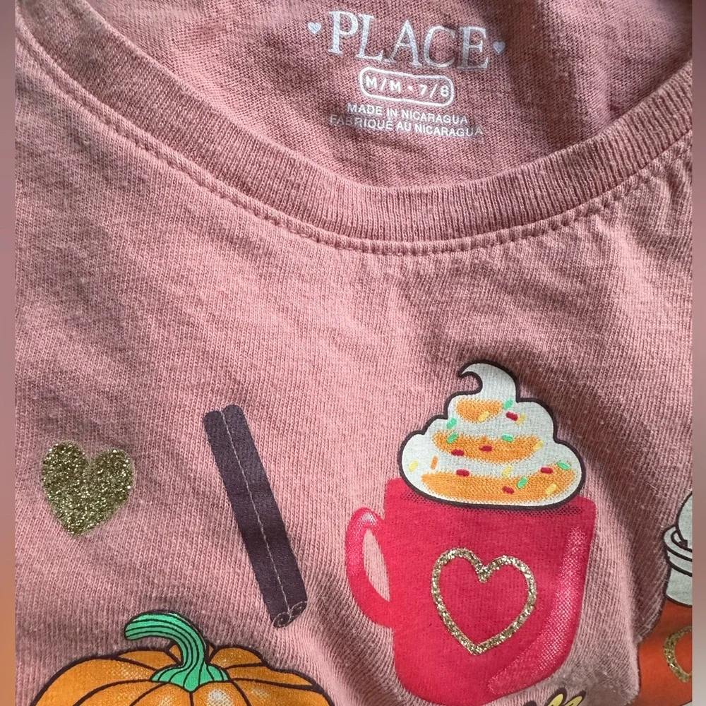 Playful Glittery Fall Coffee “Team Spice” Graphic Tuscan Clay Girls Tee ~ M 7/8